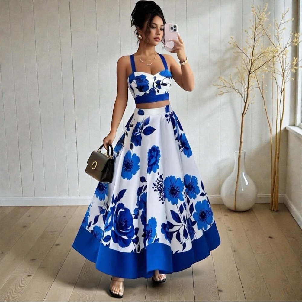 New Satin Floral Crop Top & Skirt 2-Piece Set Outfit Blue & White XL - Picture 3 of 7